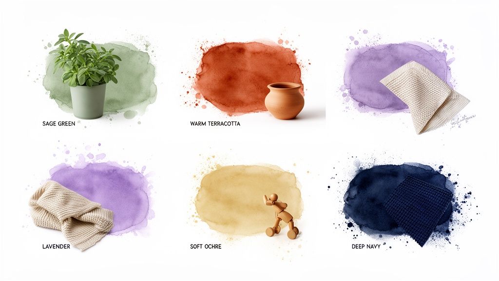 Six charming watercolor color palettes with objects: sage green, warm terracotta, lavender, soft ochre, and deep navy.