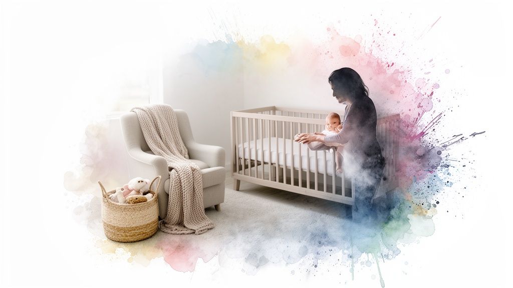 A serene nursery scene featuring a mother gently placing her baby into a crib, with an armchair and toys.
