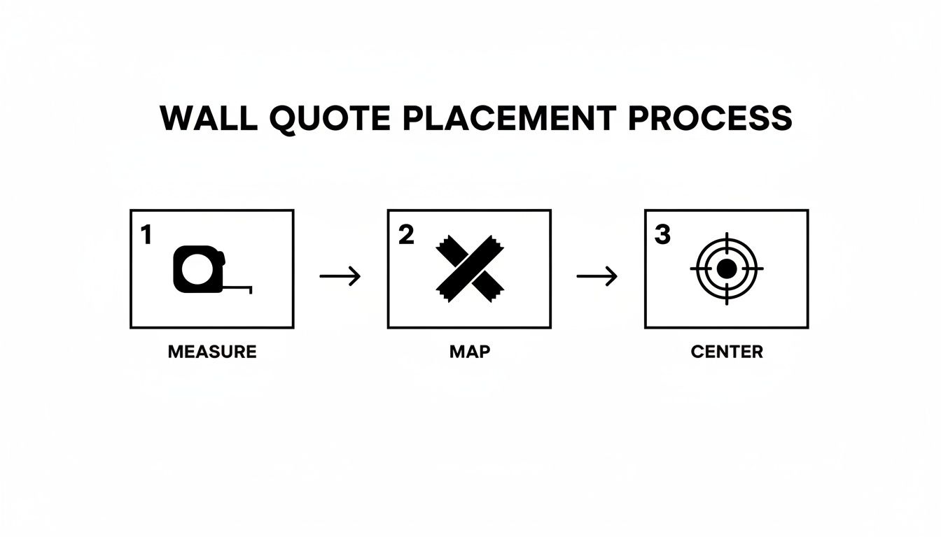 A step-by-step guide showing how to place wall quotes using measure, map, and center techniques.