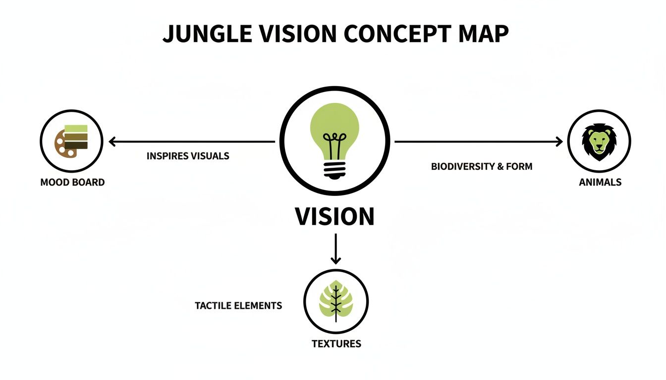 A 'Jungle Vision Concept Map' illustrating the design process, connecting vision to mood boards, animals, and textures.