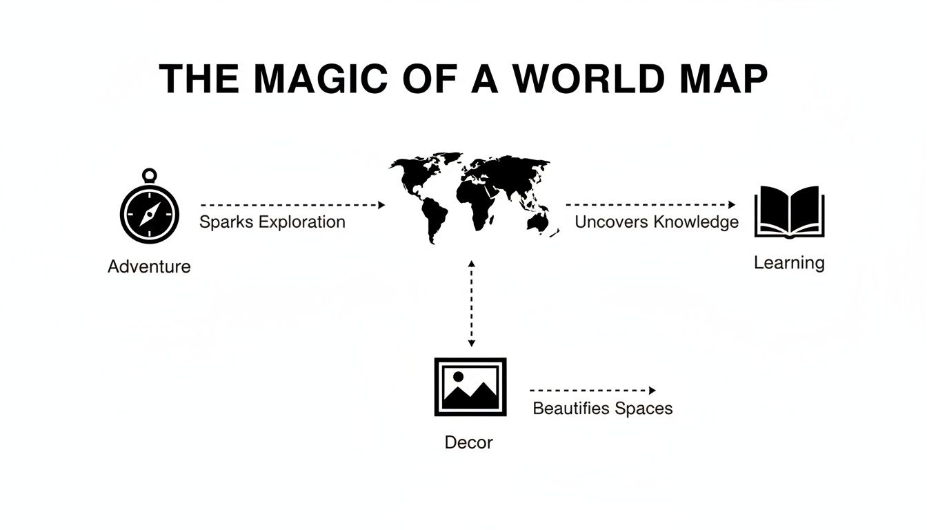 Flowchart illustrating the magic of a world map in sparking exploration, uncovering knowledge, and enhancing decor.