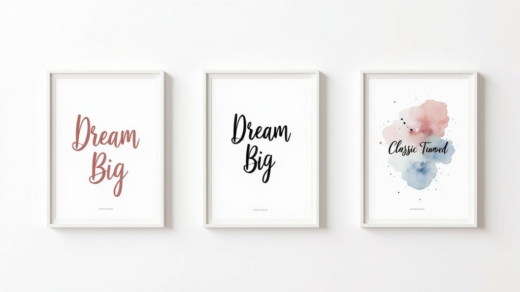 Three framed inspirational art prints on a white wall, featuring 'Dream Big' and 'Classic Tanned' designs.