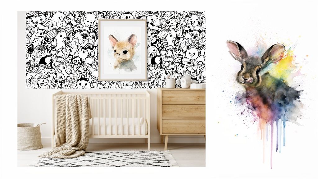 A baby nursery with black and white animal wallpaper, a crib, and fennec fox art, beside a vibrant watercolor rabbit.