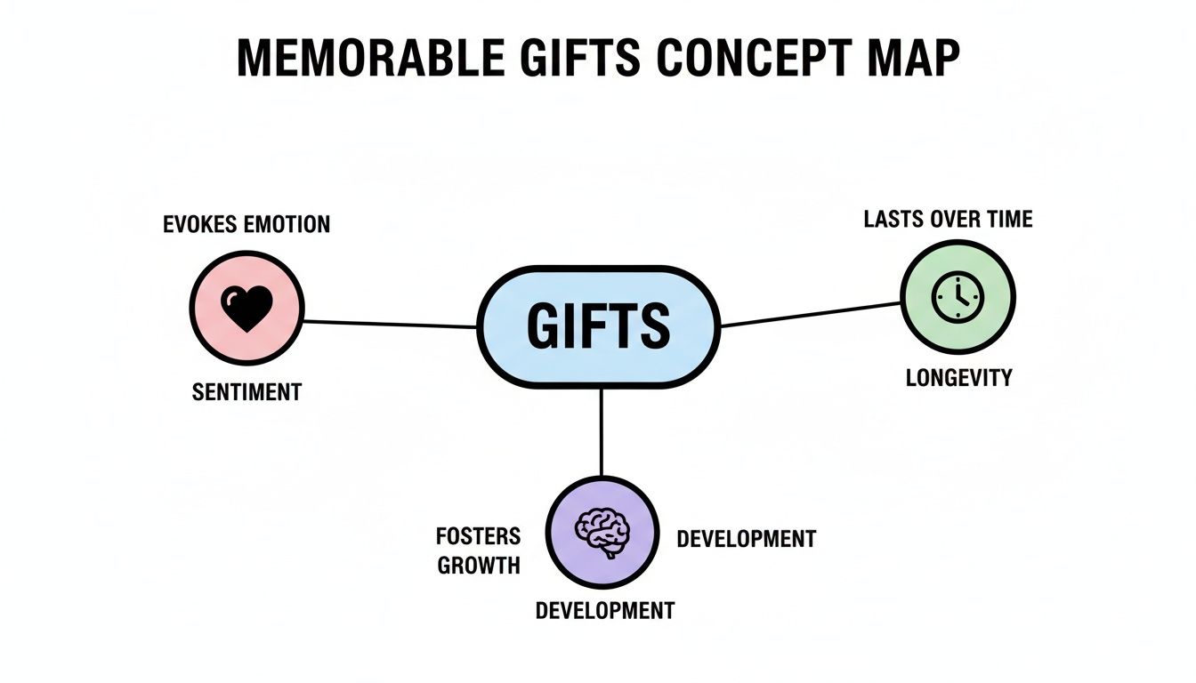 A concept map showing that memorable gifts evoke emotion, last over time, and foster growth.