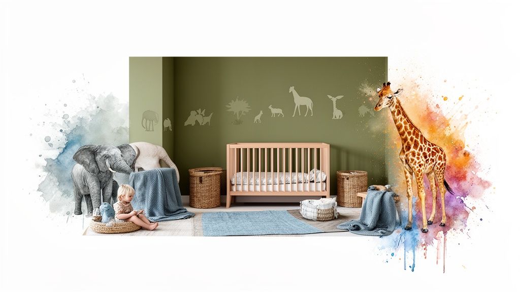 A safari-themed baby boy's room with a crib, elephants, a child, and a watercolor giraffe.