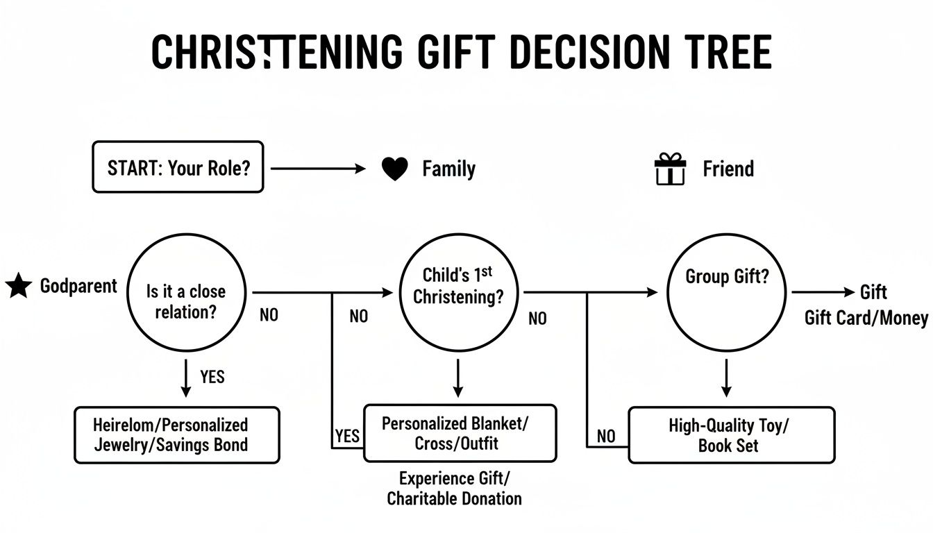 A christening gift decision tree flowchart guiding choices based on role and relation.