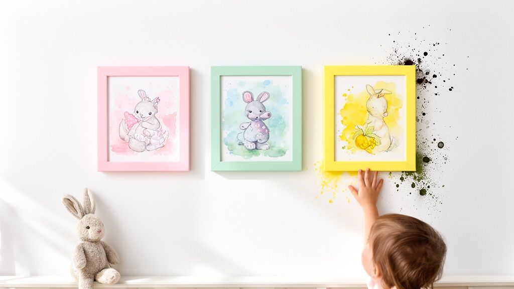 A child's hand reaches for a yellow framed bunny painting, next to pink and mint green ones.