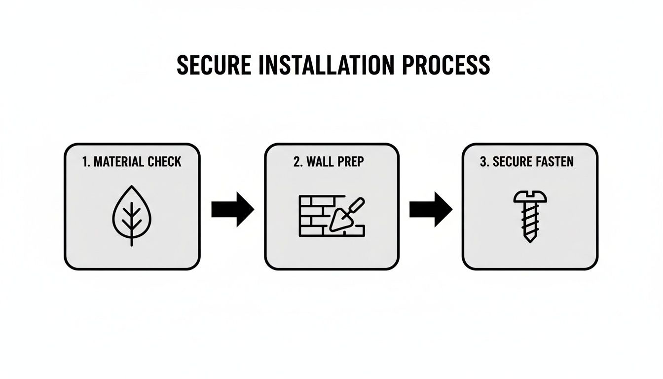 A secure installation process flowchart with three steps: material check, wall prep, and secure fasten.