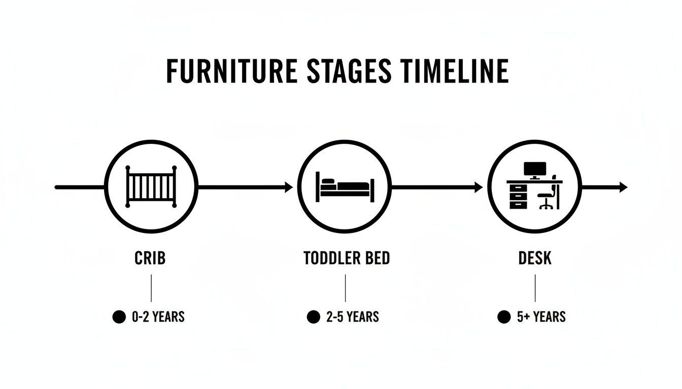 A furniture stages timeline infographic showing a crib (0-2 years), toddler bed (2-5 years), and desk (5+ years).