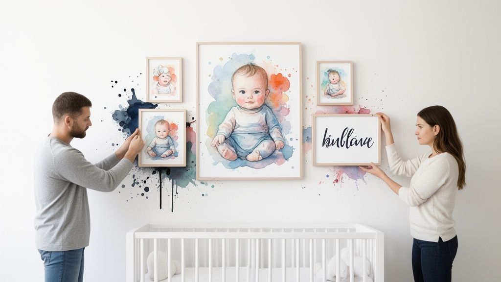 A couple hangs framed watercolor baby art and text art above a crib in a nursery.