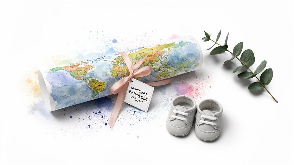 Rolled watercolor world map with a pink ribbon, tiny baby shoes, and a eucalyptus branch on white.