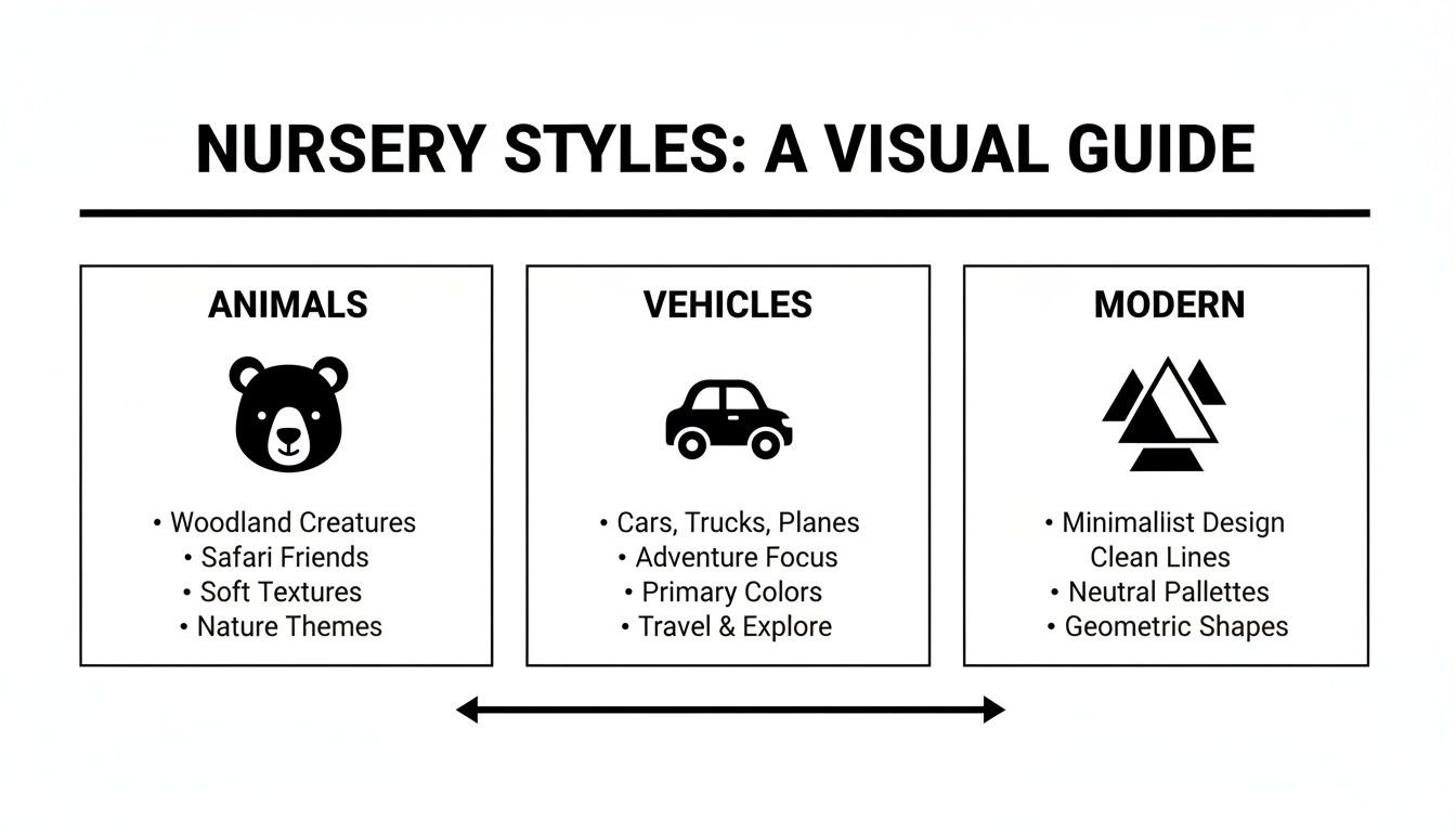 Visual guide displaying three nursery styles: Animals, Vehicles, and Modern, with descriptive bullet points.