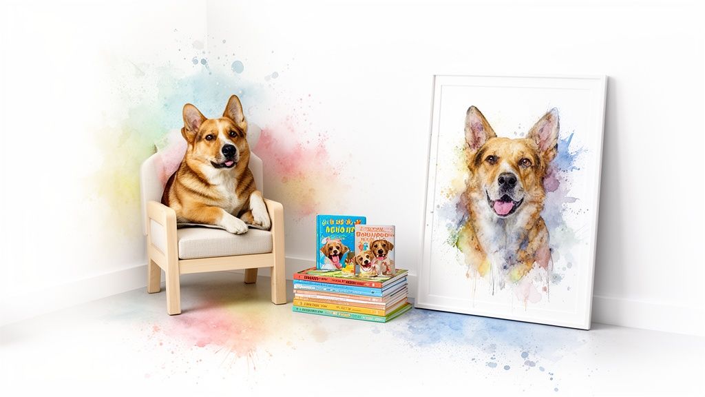 A brown and white dog sits on a small chair, surrounded by dog-themed children's books and a watercolor portrait.