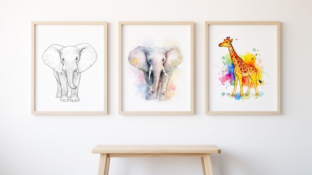 Three framed animal prints, two elephants and one giraffe, hang on a white wall above a wooden bench.
