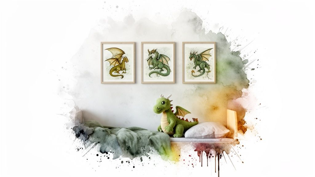 Three framed dragon artworks hang above a bed with a green dragon plush toy.
