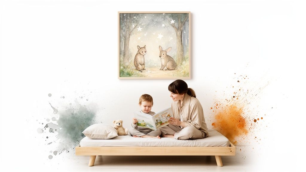 A mother and child sit on a bed, reading a book together, with a framed rabbit painting on the wall.