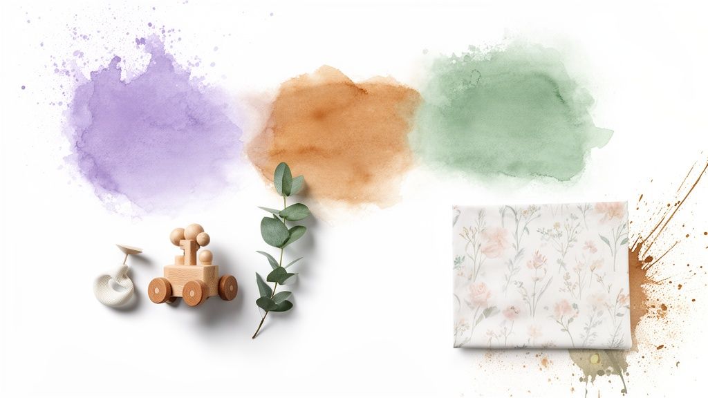A flat lay of baby girl nursery decor with purple, brown, green watercolor swatches, wooden toys, eucalyptus, and floral fabric.