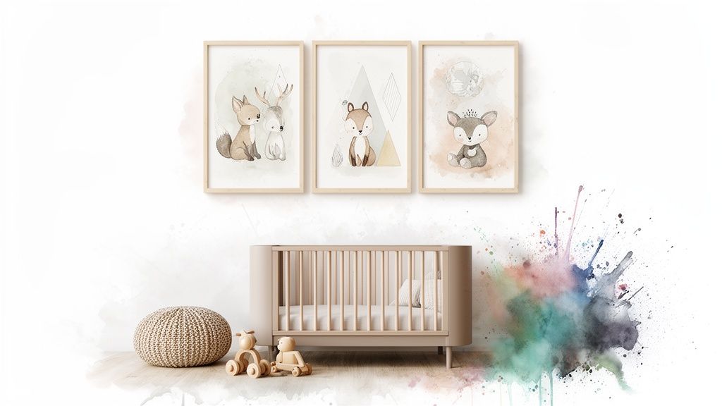 Three framed watercolor forest animal prints above a neutral-toned crib in a baby's nursery.