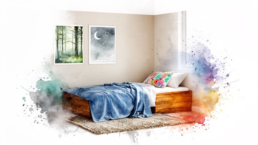 A cozy child's bedroom featuring a wooden bed, blue blanket, colorful pillow, and nature-themed watercolor art.
