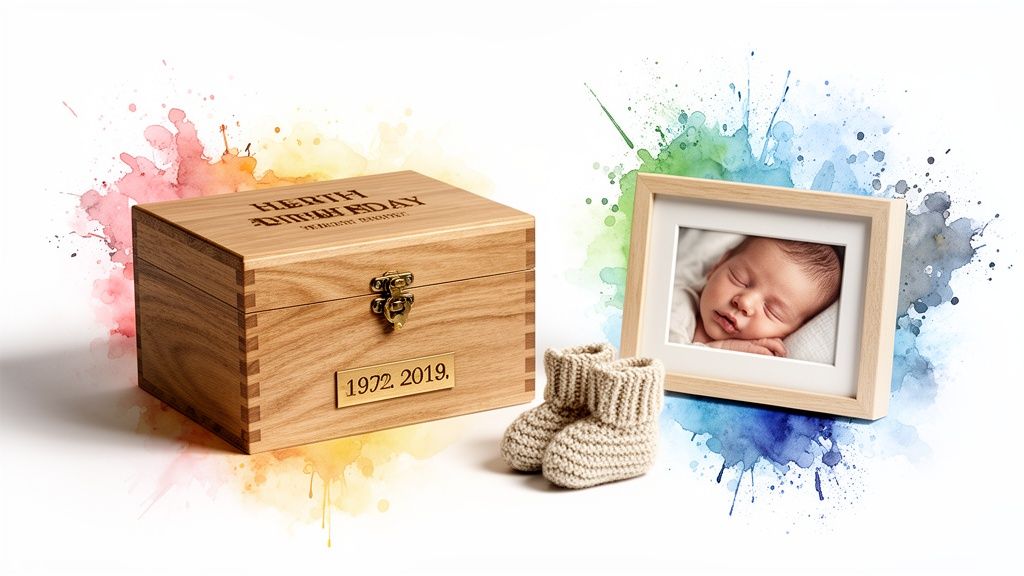 Wooden keepsake box with baby booties and a framed photo of a sleeping newborn baby.