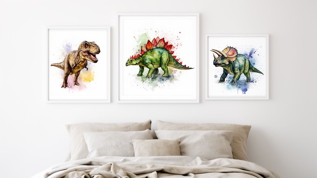 Three framed watercolor dinosaur prints featuring T-Rex, Stegosaurus, and Triceros, above a bed.