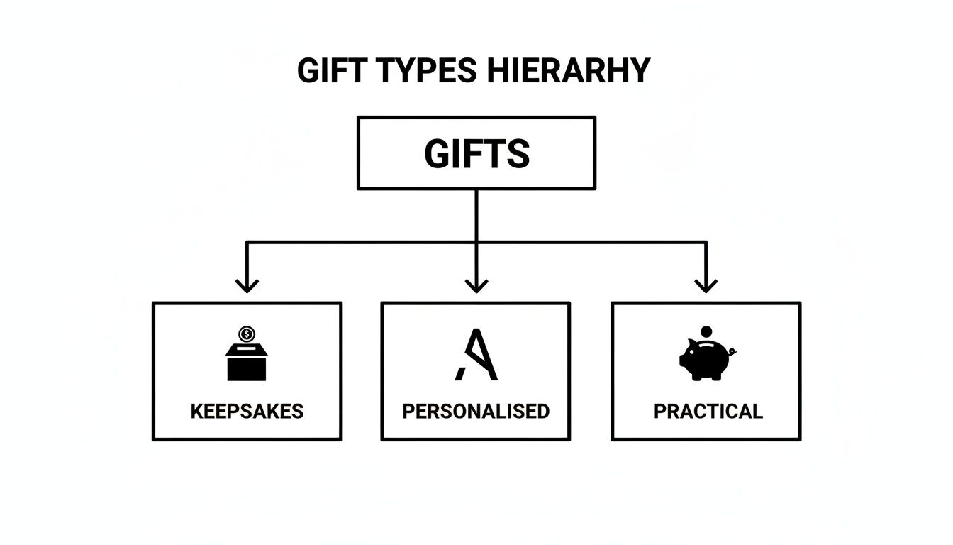 A hierarchy diagram showing Gifts at the top, branching into Keepsakes, Personalised, and Practical.