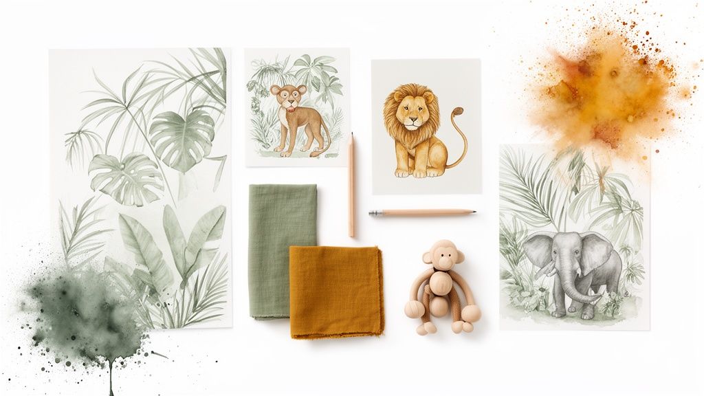 Jungle-themed nursery decor flat lay with animal art prints, fabric, wooden toy, and paint splatters.
