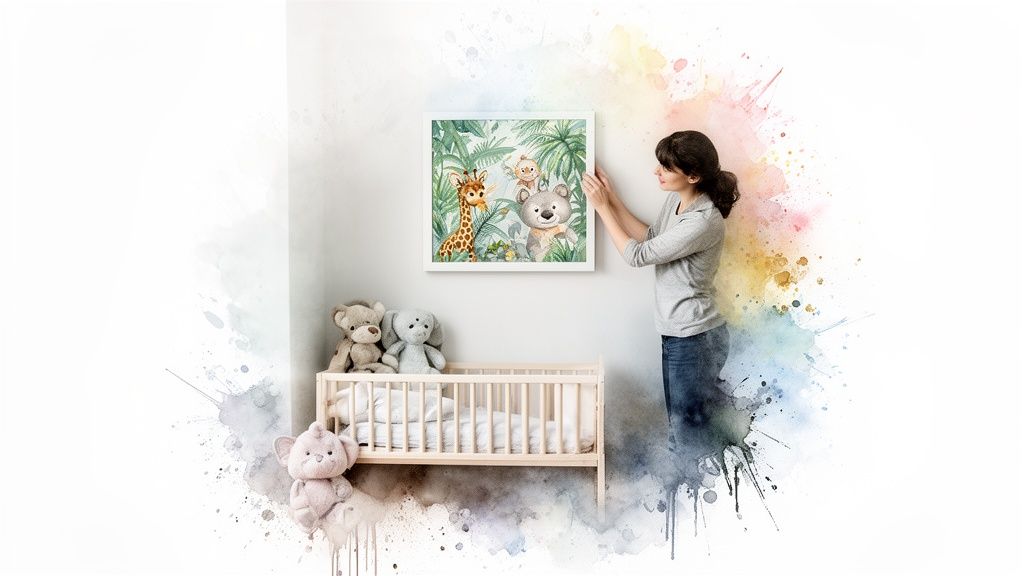 A woman hangs a colorful jungle animal wall art above a baby crib in a nursery, with stuffed animals.