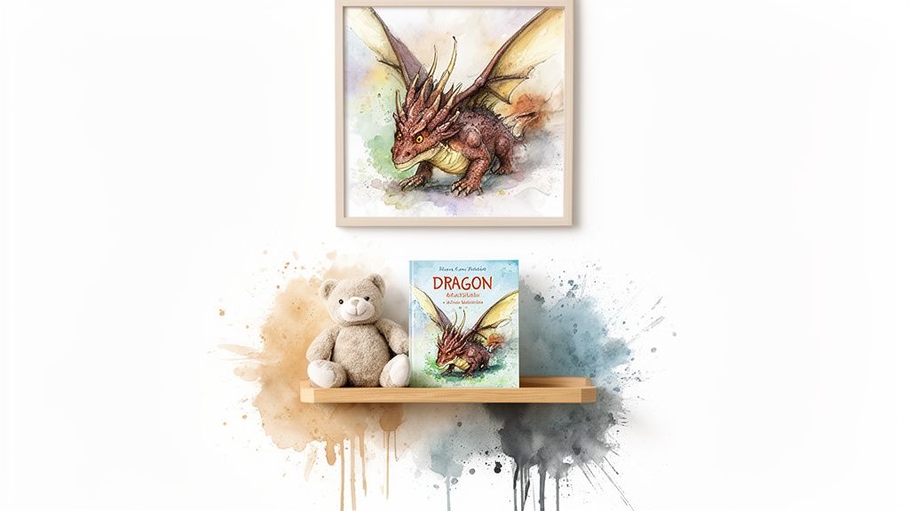 A framed watercolor dragon painting above a shelf with a teddy bear and a children's book.