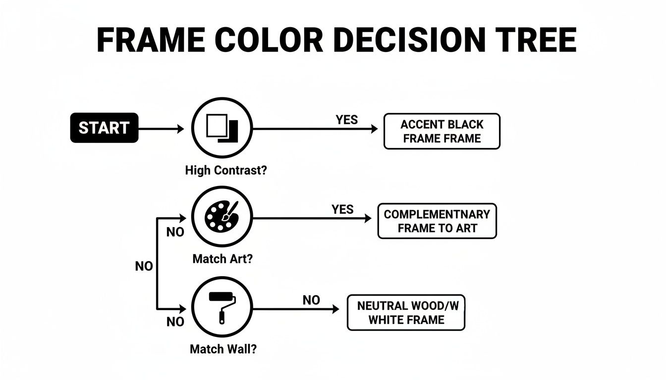 A decision tree flowchart guiding the selection of picture frame colors based on contrast, art, and wall.