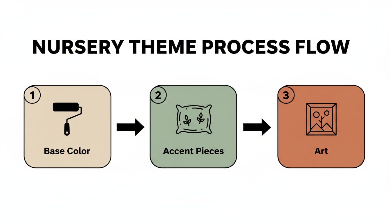 A process flow diagram illustrating nursery theme decoration steps: base color, accent pieces, and art.