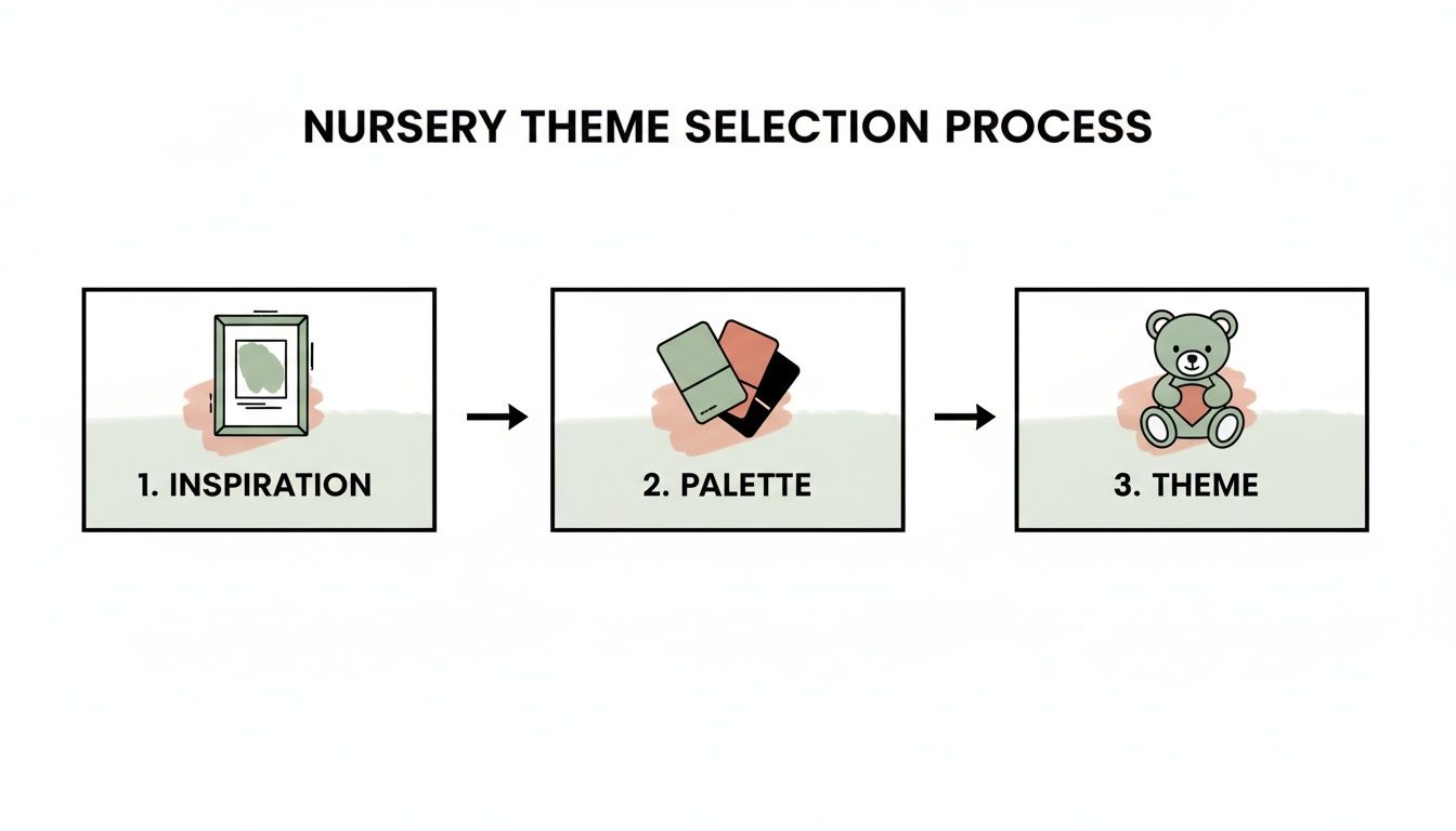 Diagram illustrating the nursery theme selection process with steps: inspiration, color palette, and final theme.