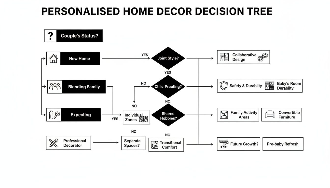 Decision tree outlining personalized home decor choices based on couple's status and lifestyle needs.