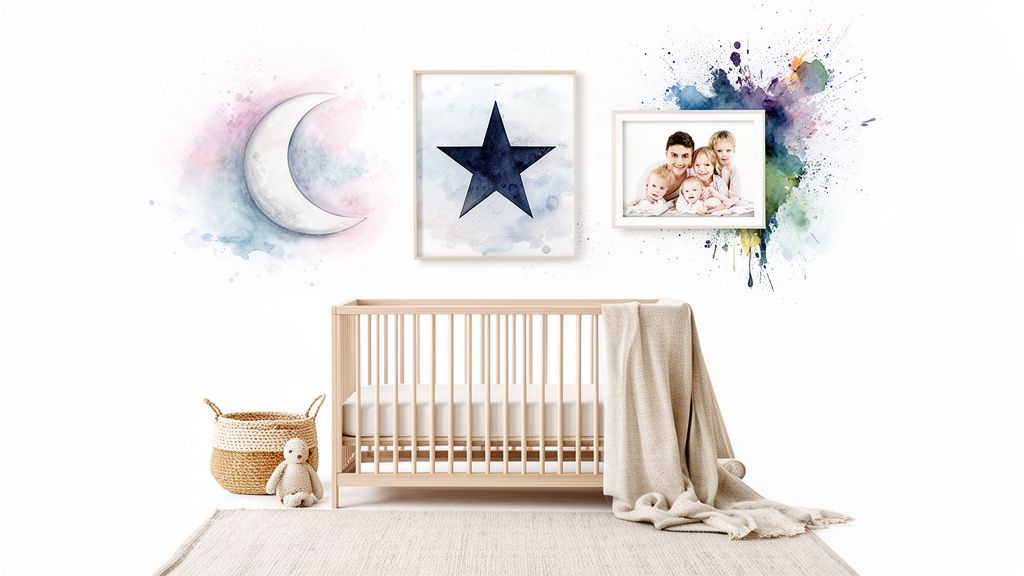 A beautifully decorated baby nursery with a wooden crib, moon, star art, and a family photo.