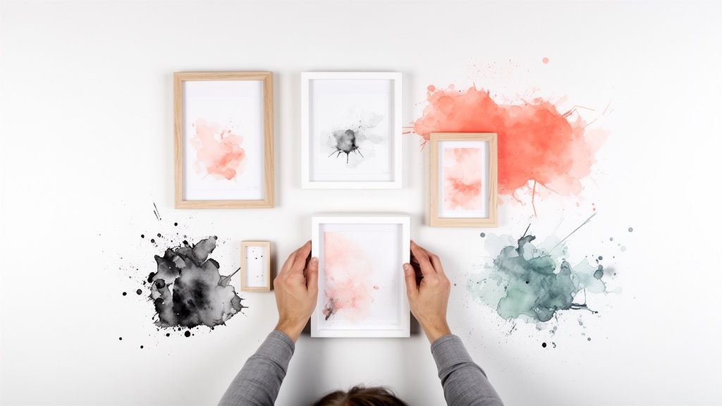 Overhead shot of hands placing a white picture frame with abstract peach watercolor art.