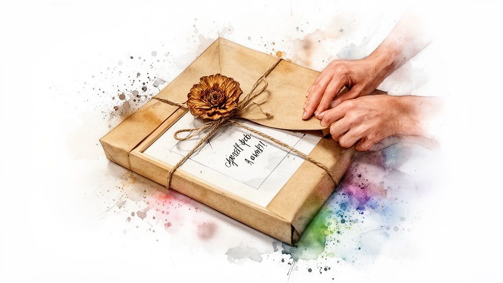 Hands unwrapping a beautifully presented gift box with brown paper, string, and a rustic flower.