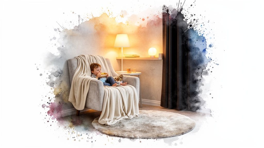 A young child sits cozily in a soft armchair, eating from a bowl in a watercolor style.