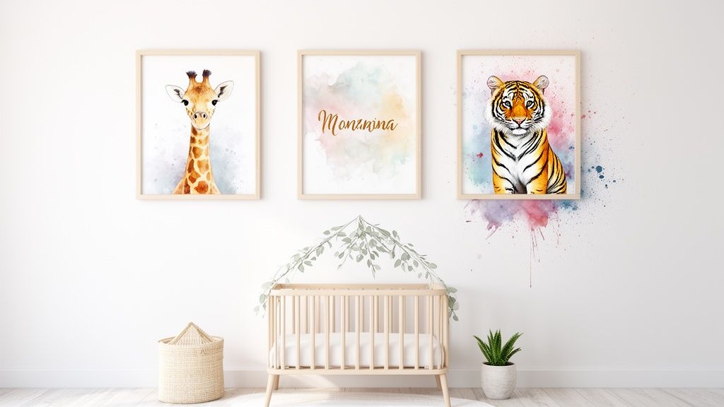 A cozy nursery featuring a wooden crib, eucalyptus garland, and framed jungle animal art prints.