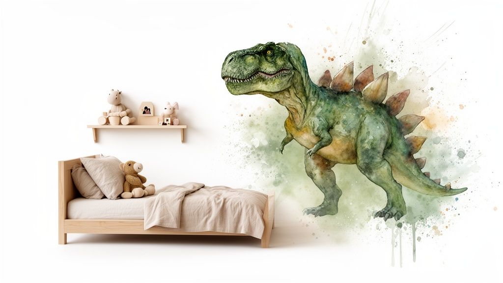 A child's room with a wooden bed, toy shelf, and a large watercolor dinosaur wall art.
