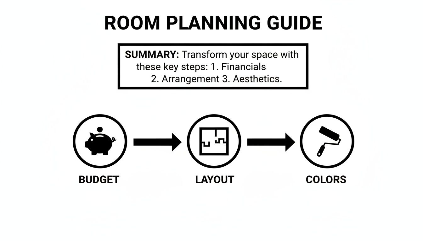 A room planning guide flowchart illustrating steps: Budget (piggy bank), Layout (room plan), and Colors (paint roller).