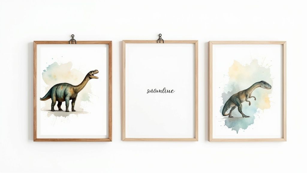 Three framed watercolor dinosaur prints and a text print hanging on a clean white wall.