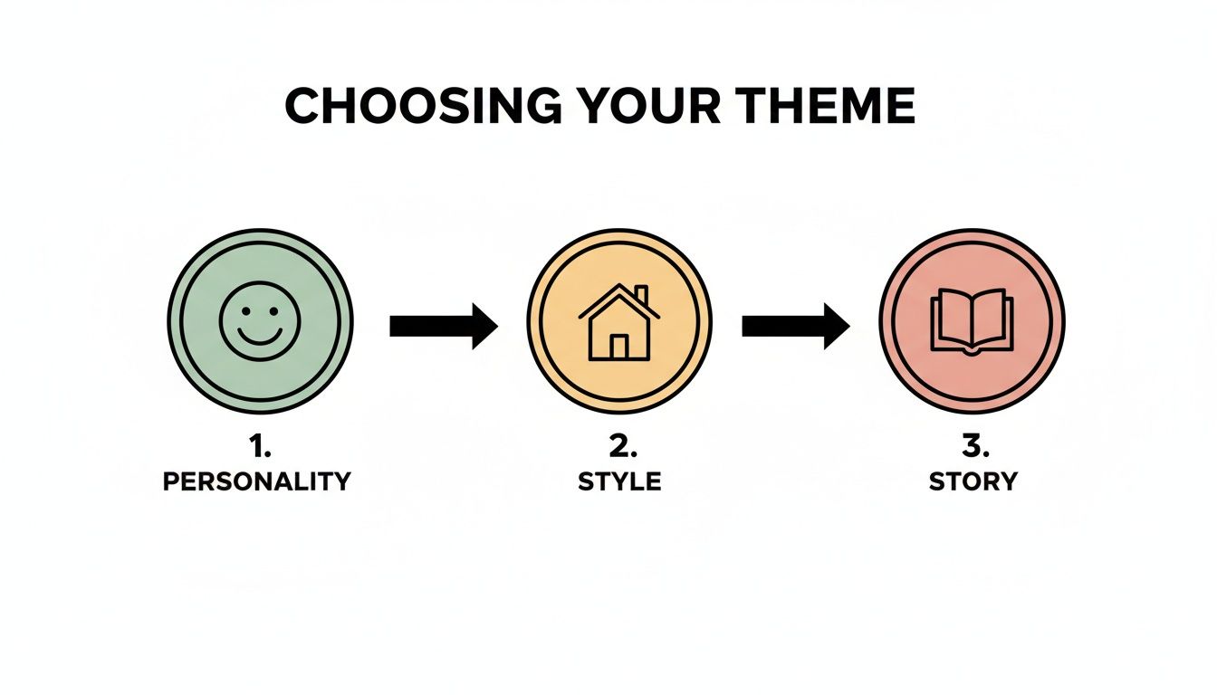 Flowchart illustrating three steps for choosing a theme: personality, style, and story.