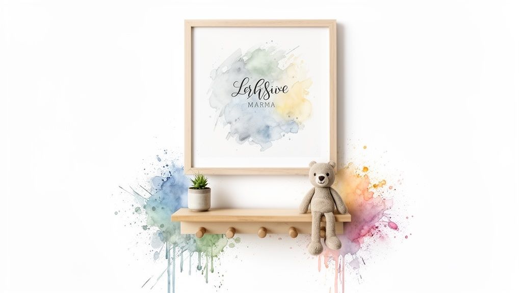 A framed watercolor print with 'Lorh & Sive MARMA' text, a wooden shelf with a plant and a teddy bear.
