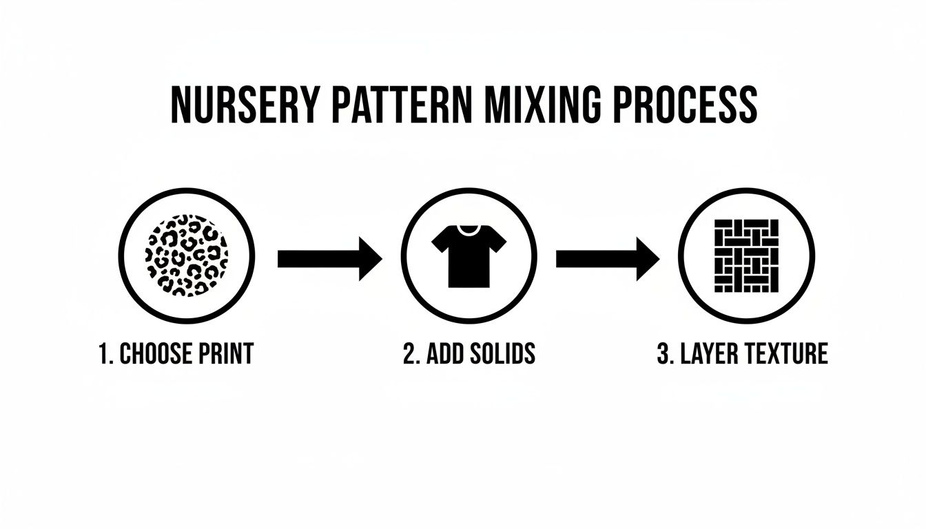 A three-step process for nursery pattern mixing: choose print (leopard), add solids (t-shirt), and layer texture (woven pattern).