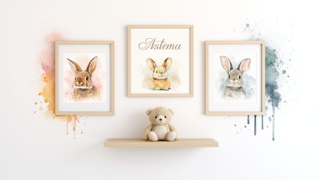 Three watercolor bunny prints in frames, a teddy bear on a shelf, and colorful paint splashes on a white nursery wall.