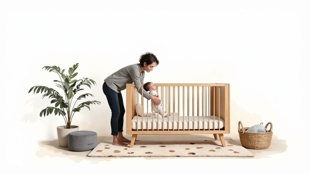 A mother gently places her baby into a modern wooden crib in a bright nursery room.