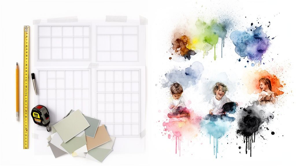 Left shows home renovation tools and paint swatches, right displays artistic watercolor portraits of children.