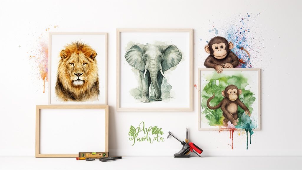 Watercolor animal prints of a lion, elephant, and monkeys adorning a white wall in a jungle-themed nursery.