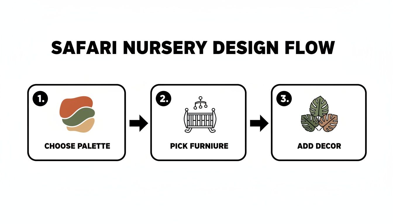 A flow chart illustrating the three steps of safari nursery design: choose palette, pick furniture, and add decor.