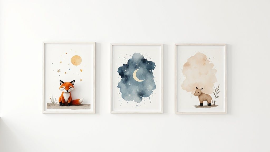 Three framed watercolor prints for kids' room featuring a fox, moon, and baby animal.